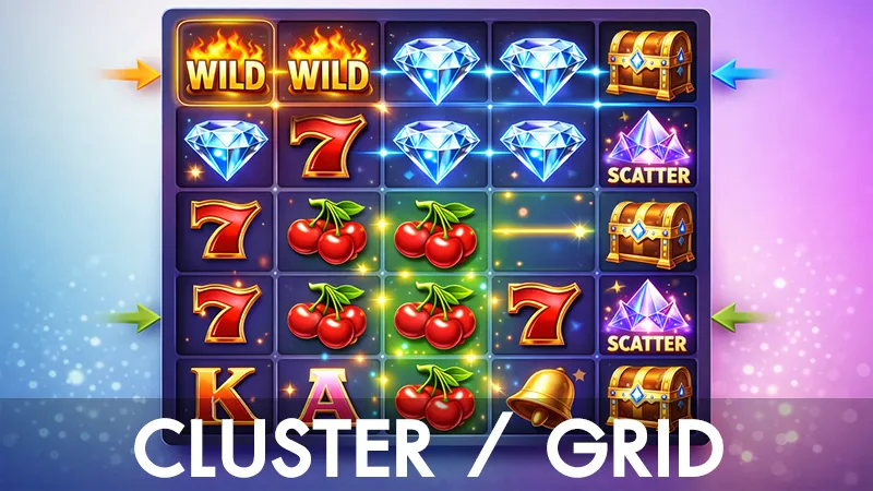 ภาพตัวอย่างสล็อตแบบ Cluster หรือ Grid ที่ชนะจากการจับกลุ่มสัญลักษณ์