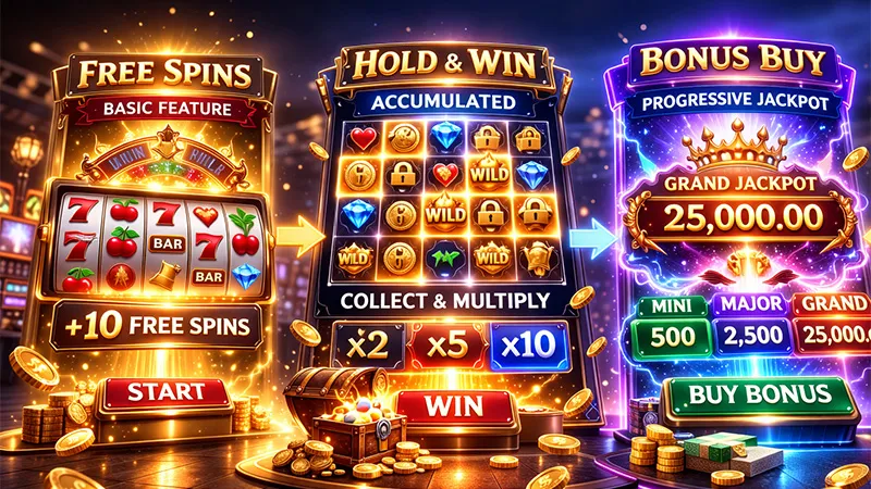 ภาพสรุประบบโบนัสต่าง ๆ ในเกมสล็อต เช่น ฟรีสปิน มัลติเพลายเออร์ และรอบพิเศษ