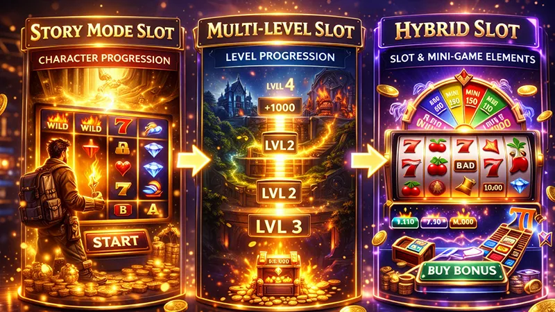 ภาพแสดงรูปแบบสล็อตพิเศษที่มีฟีเจอร์หรือการเล่นแตกต่างจากสล็อตทั่วไป