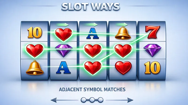 ภาพตัวอย่างสล็อตแบบ Ways ที่ชนะจากการเรียงสัญลักษณ์หลายรูปแบบบนวงล้อ