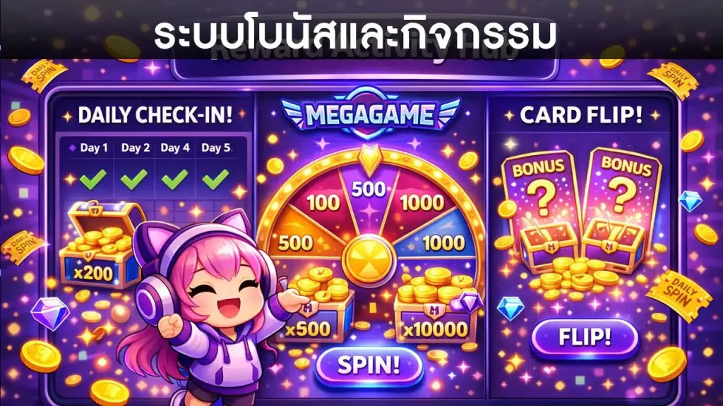 กิจกรรมพิเศษ Megagame เช็คอินรายวัน หมุนกงล้อ และสุ่มเปิดไพ่รับโบนัส
