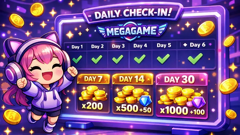 ระบบเช็คอินรายวัน Megagame รับโบนัสสะสม 7 วัน 15 วัน 30 วัน