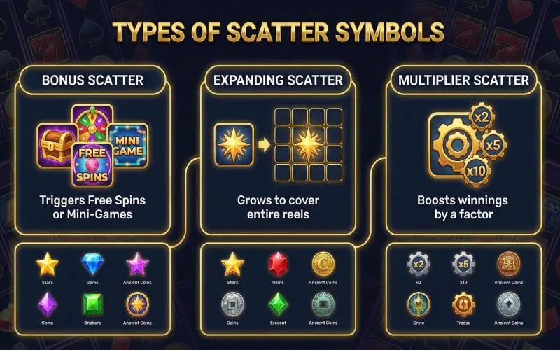 ตัวอย่างประเภทของสัญลักษณ์โบนัสในเกมสล็อต เช่น ฟรีสปิน โบนัสเกม และตัวคูณรางวัล